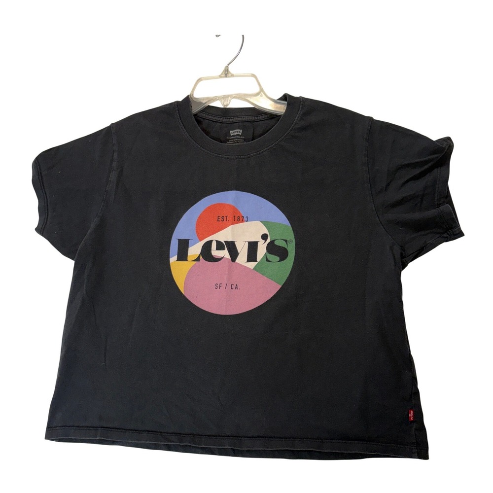 Levi's Graphic Varsity Tee‎ Womens M Black Colorful Abstract Circle Logo SF CA
